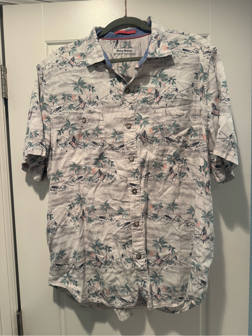 Tommy Bahama Light Beige Short-Sleeve Tropical Print Button-Down Shirt